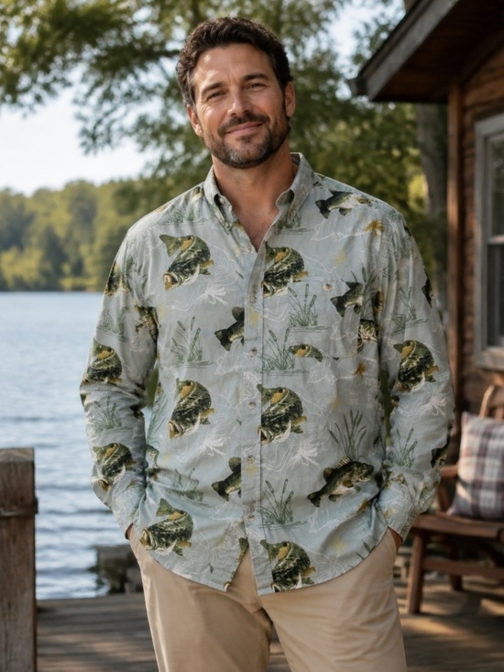 Newport Blue Men’s XL Bass Fishing Print Long Sleeve Cotton Button-Up Shirt